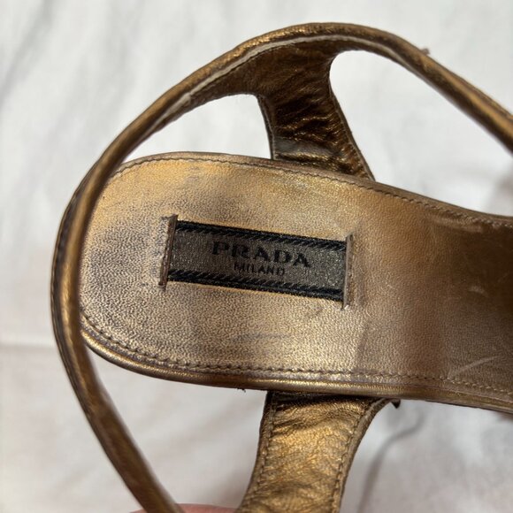 Prada 7 Women's Brown Gold Bronze Embossed Leather Flowers Wedge Heel Shoes - Picture 7 of 10